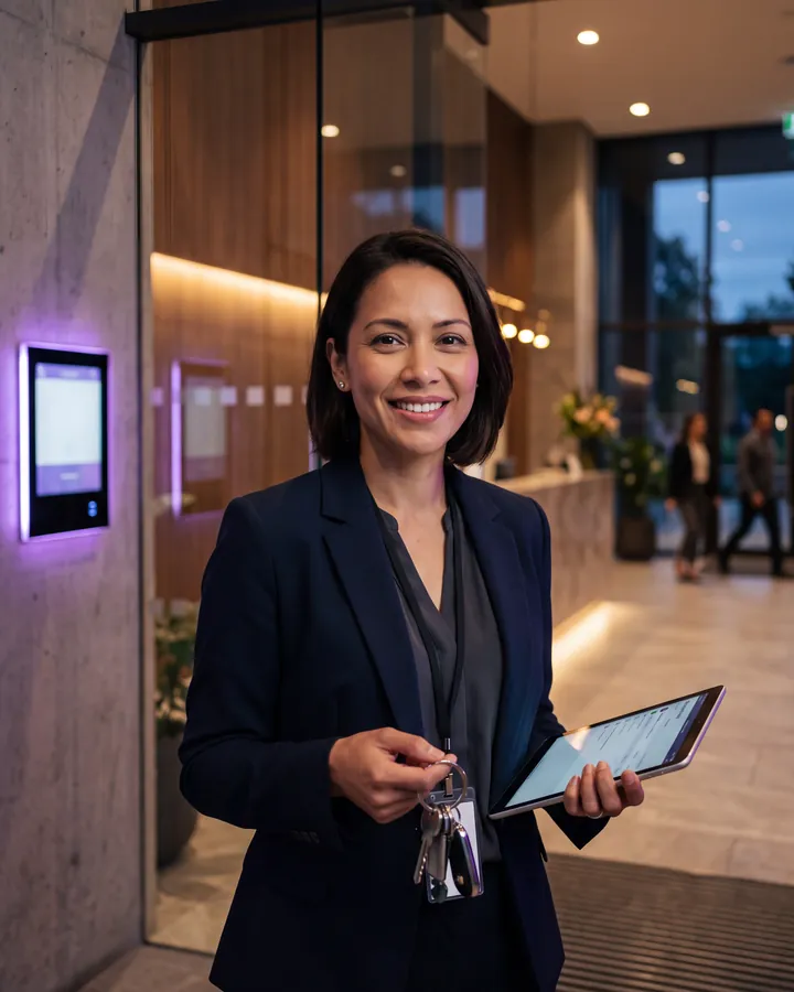 Gastgeberin mit Zimmerschl&uuml;sseln und Tablet in einer Lobby