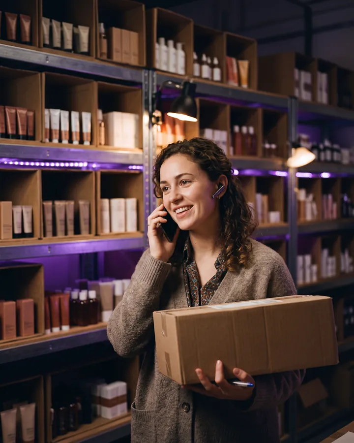 Une gérante de boutique en ligne au téléphone avec une cliente, souriante, un colis à la main dans son stock de cosmétiques