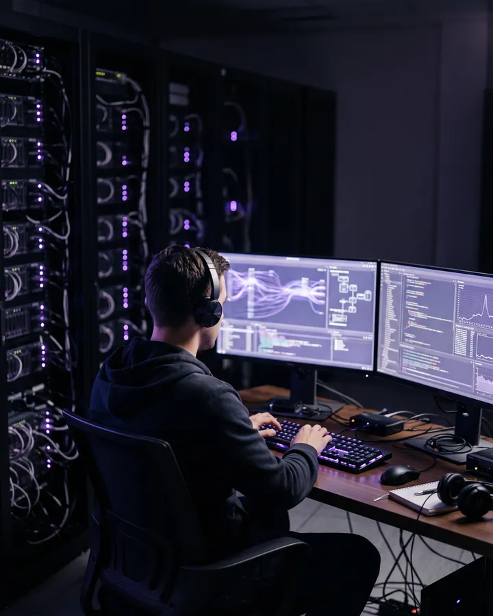 Développeur en salle serveurs sur deux écrans, avec des visualisations de flux de données